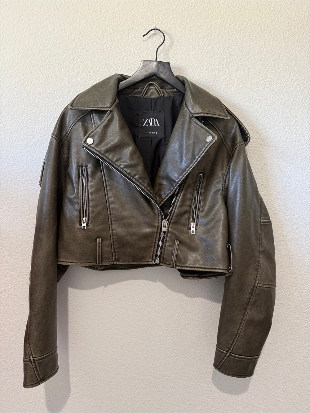Zara Cropped Faux Leather Moto Jacket in Faded Brown
